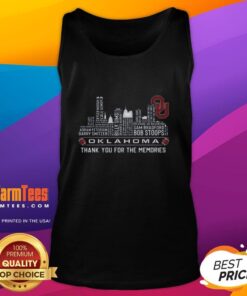 Alt Text: Good Oklahoma Sooners skyline tank top featuring players' names with 'Thank You For The Memories' design.