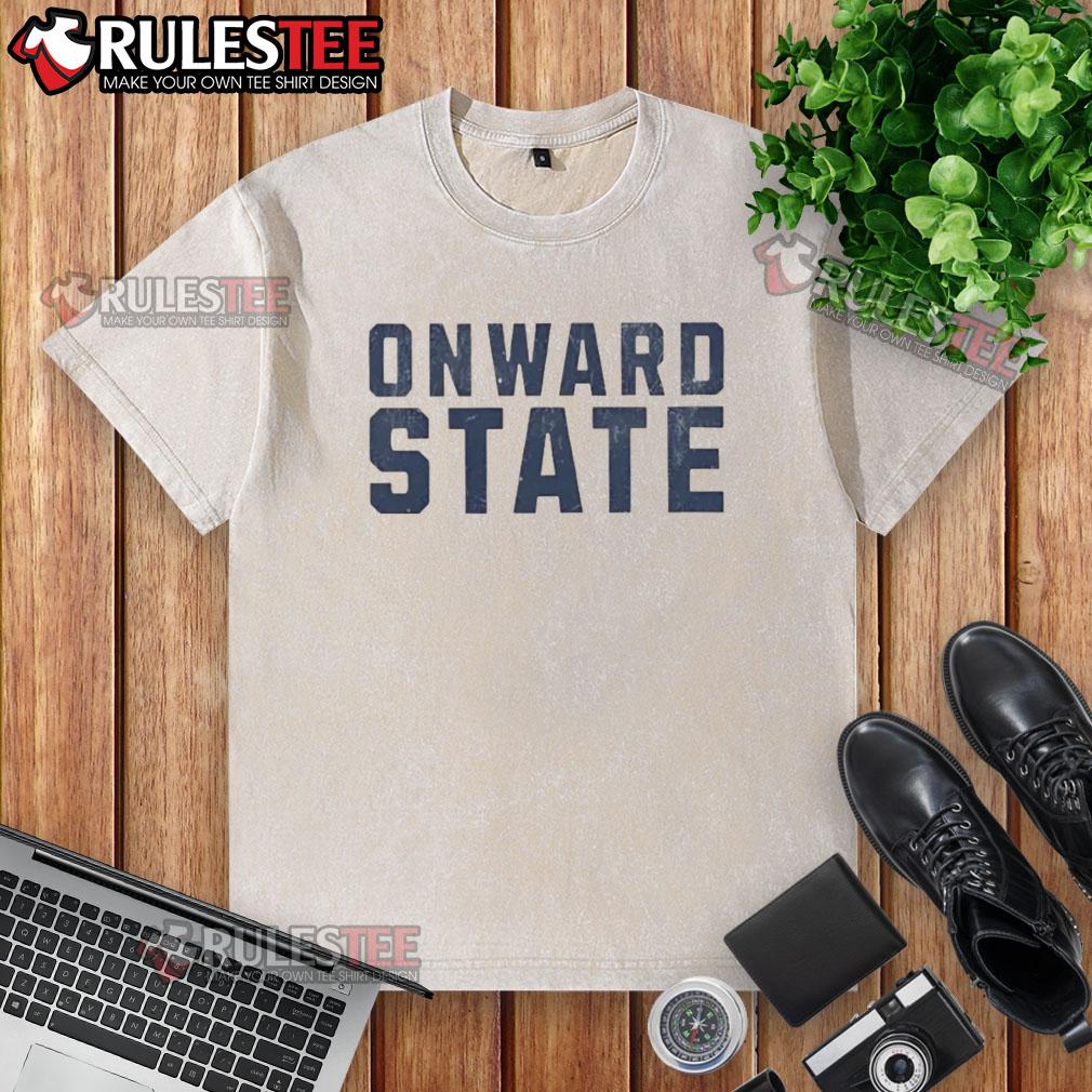 Good Onward State Text Simple Washed T Shirt Alt Text: Simple washed t-shirt with Good Onward State text design, perfect for casual wear and fan apparel.