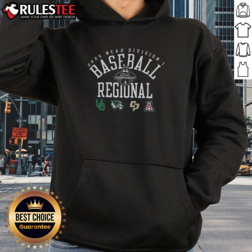 Good Oregon UVU Cal Poly Arizona NCAA Division I Baseball Regionals 2025 hoodie featuring team logos and vibrant colors.