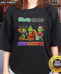 Happy HalloThanksMas ladies tee featuring Good O'Reilly Auto Parts X Grinch cosplay design for festive celebrations.