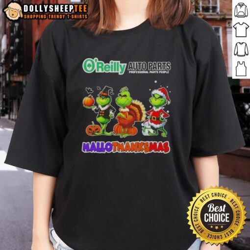 Happy HalloThanksMas ladies tee featuring Good O'Reilly Auto Parts X Grinch cosplay design for festive celebrations.