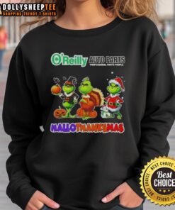 Happy HalloThanksMas sweatshirt featuring Good O'Reilly Auto Parts X Grinch cosplay design, perfect for festive celebrations.