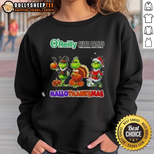 Happy HalloThanksMas sweatshirt featuring Good O'Reilly Auto Parts X Grinch cosplay design, perfect for festive celebrations.