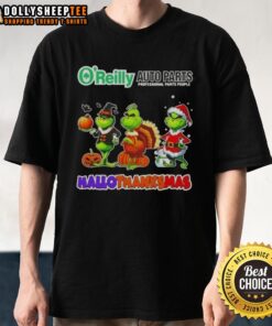 Good O'Reilly Auto Parts X Grinch Cosplay Happy Hallothanksmas T-Shirt featuring festive design for holiday celebrations.