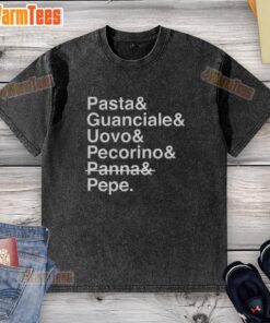 Good pasta with guanciale, uovo, pecorino, panna, and pepe design on a washed t-shirt, perfect for food lovers.