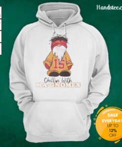 Alt Text: Patrick Mahomes wearing a 'Chillin With Ma Gnomes' hoodie, showcasing Kansas City Chiefs spirit and style.