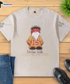 Alt Text: Patrick Mahomes relaxed in a 'Chillin' With Ma Gnomes' washed t-shirt, showcasing his Kansas City Chiefs spirit.