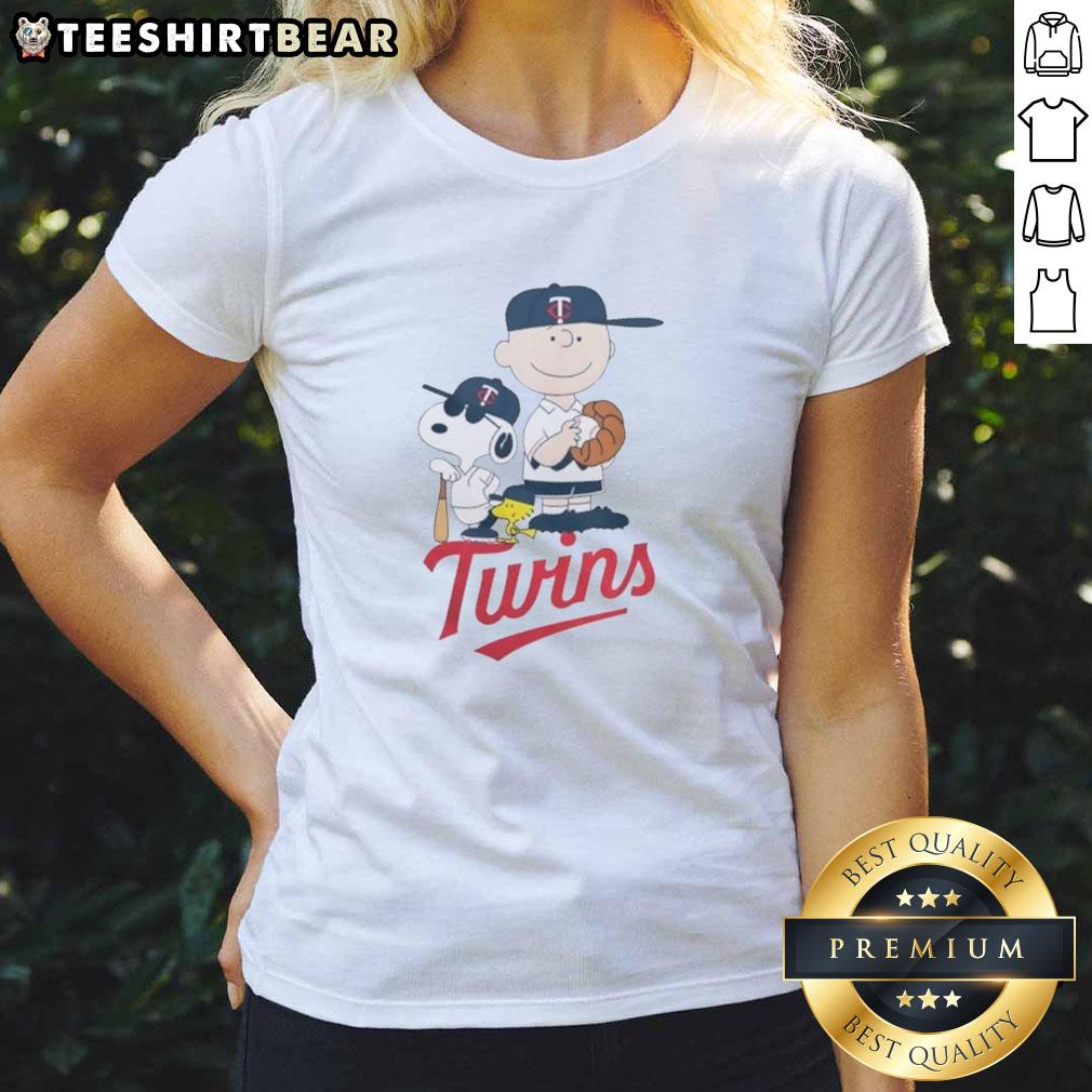 Good Peanuts Characters Snoopy And Charlie Brown X Minnesota Twins Baseball Ladies-Tee Alt Text: Good Peanuts characters Snoopy and Charlie Brown on Minnesota Twins baseball ladies tee, perfect for fans.