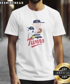 Alt Text: Good Peanuts characters Snoopy and Charlie Brown on a Minnesota Twins baseball t-shirt design.