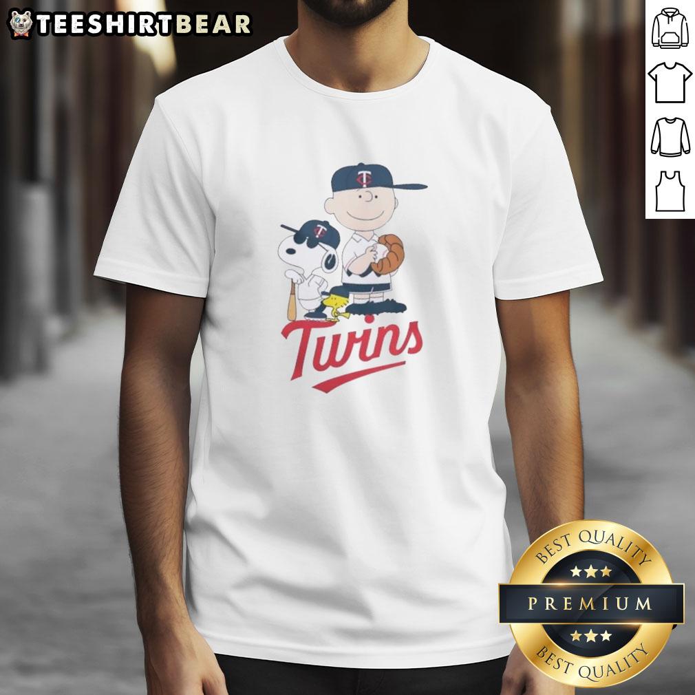 Good Peanuts Characters Snoopy And Charlie Brown X Minnesota Twins Baseball T-Shirt Alt Text: Good Peanuts characters Snoopy and Charlie Brown on a Minnesota Twins baseball t-shirt design.
