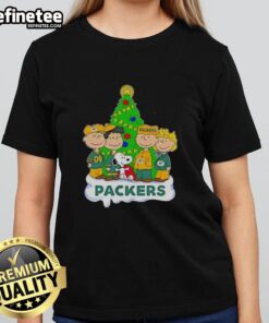 Good Peanuts characters on a Green Bay Packers Christmas ladies tee, perfect for holiday football fans.
