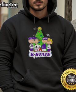 Good Peanuts characters Christmas hoodie featuring Kansas State Wildcats logo, perfect for holiday cheer and fandom.