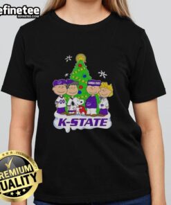 Good Peanuts characters on a Kansas State Wildcats Christmas ladies tee, perfect for holiday cheer and fandom.