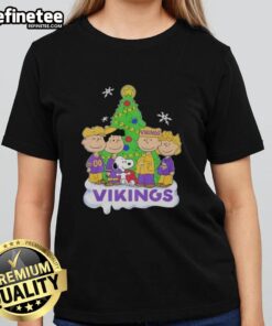 Good Peanuts Characters X Minnesota Vikings Christmas Ladies Tee featuring iconic Peanuts characters in festive team colors.