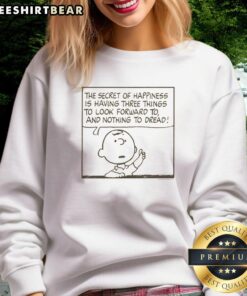 Good Peanuts Charlie Brown Secret of Happiness sweatshirt featuring colorful graphics and a cozy design for fans.