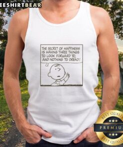 Good Peanuts Charlie Brown Secret of Happiness tank top featuring iconic characters and vibrant colors for fans.