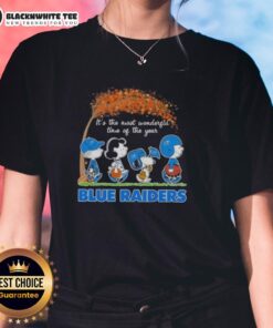 Good Peanuts Snoopy and Friends 'It's The Most Wonderful Time of The Year' Blue Raiders ladies tee shirt design.