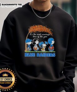 Alt Text: Good Peanuts Snoopy and Friends sweatshirt featuring a festive design for the Blue Raiders, perfect for holiday cheer.