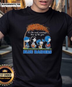 Good Peanuts Snoopy and Friends 'It's The Most Wonderful Time Of The Year' Blue Raiders T-Shirt featuring festive design.