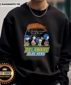Delaware Blue Hens sweatshirt featuring Snoopy and friends, celebrating the 'Most Wonderful Time of the Year'.