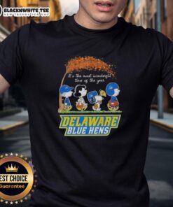 Good Peanuts Snoopy and Friends 'It's The Most Wonderful Time Of The Year' Delaware Blue Hens T-Shirt design.