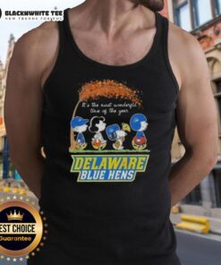 Delaware Blue Hens tank top featuring Snoopy and friends celebrating the season, perfect for holiday festivities.