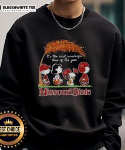 Alt Text: Cozy 'Good Peanuts Snoopy and Friends' Missouri State sweatshirt for the holidays, celebrating the most wonderful time of the year.