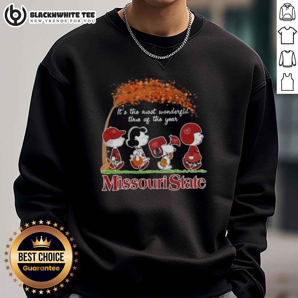 Good Peanuts Snoopy And Friends It's The Most Wonderful Time Of The Year Missouri State Sweatshirt Alt Text: Cozy 'Good Peanuts Snoopy and Friends' Missouri State sweatshirt for the holidays, celebrating the most wonderful time of the year.