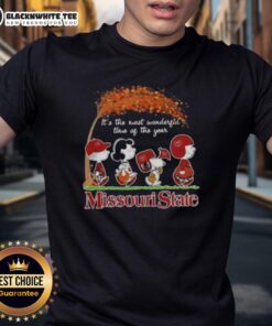 Missouri State T-shirt featuring Snoopy and friends celebrating the holiday season with 'It's the Most Wonderful Time of the Year.'