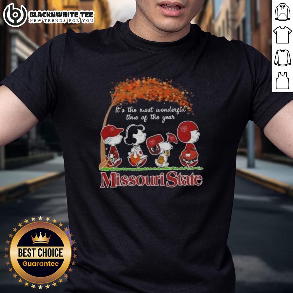 Good Peanuts Snoopy And Friends It's The Most Wonderful Time Of The Year Missouri State T-Shirt Missouri State T-shirt featuring Snoopy and friends celebrating the holiday season with 'It's the Most Wonderful Time of the Year.'