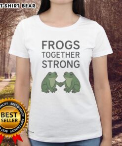 Alt Text: Good Portland Frogs Together Strong Ladies Tee featuring vibrant frog graphics on a stylish women's shirt.
