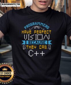 C++ T-shirt design with the phrase 'Good Programmers Have Perfect Vision' showcasing programmer humor and coding culture.
