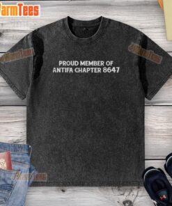 Proud member of Antifa Chapter 8647 wearing a washed t-shirt, showcasing activism and community support.