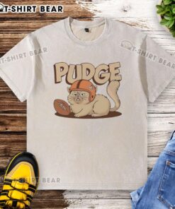 Good Pudge the Cat football-themed washed t-shirt featuring a playful design for cat lovers and sports fans.