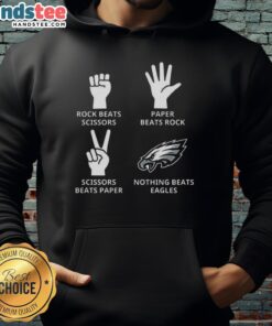 Philadelphia Eagles hoodie featuring a fun graphic: 'Good Rock Beats Scissors, Paper Beats Rock, Scissors Beats Paper.'