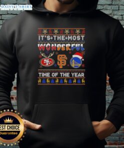 Cozy Christmas hoodie featuring San Francisco 49ers, Giants, and Warriors logos for holiday sports fans.