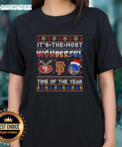 Alt Text: Christmas ladies tee featuring San Francisco 49ers, Giants, and Warriors logos perfect for holiday sports fans.
