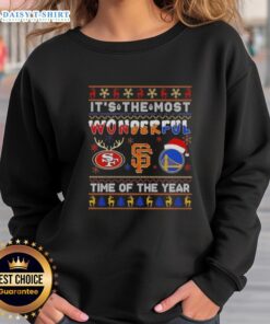 Cozy Christmas sweatshirt featuring San Francisco 49ers, Giants, and Warriors logos, perfect for holiday sports fans.