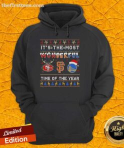 Cozy hoodie featuring San Francisco 49ers, Giants, and Warriors designs, perfect for celebrating the holiday season.