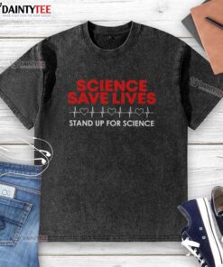 Good Science Saves Lives: Stand Up for Science Heartbeat Washed T-Shirt featuring a vibrant design and scientific theme.