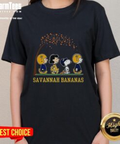 Good Snoopy and Friends Peanuts x Savannah Bananas baseball autumn ladies tee featuring colorful graphics and cozy design.