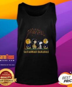 Good Snoopy and Friends Peanuts x Savannah Bananas baseball autumn tank top featuring vibrant graphics and playful design.