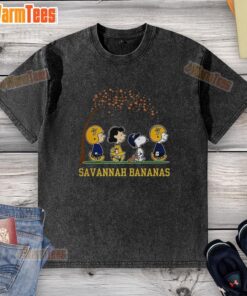 Good Snoopy and Friends Peanuts x Savannah Bananas baseball autumn washed t-shirt featuring colorful cartoon designs.