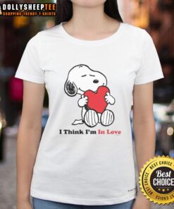 Good Snoopy I Think I'm In Love Ladies Tee featuring a cute Snoopy graphic, perfect for casual and playful outfits.