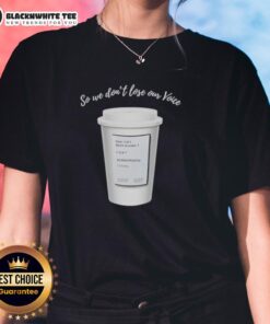 Good So We Dont Lose Our Voice Mint Majesty Tea label on a ladies tee, promoting delicious herbal tea enjoyment.