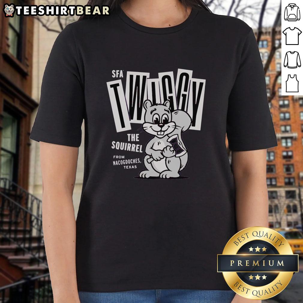 Good Stephen F. Austin Twiggy The Campus Squirrel Ladies Tee Alt Text: Good Stephen F. Austin Twiggy the Campus Squirrel Ladies Tee featuring a cute squirrel design on a stylish t-shirt.