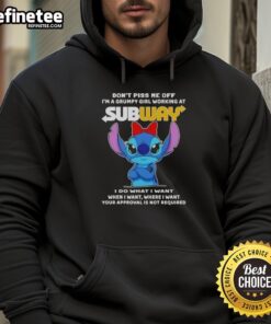Alt Text: Grumpy girl in a hoodie that reads 'Don't Piss Me Off, I'm a Grumpy Girl' while working at Subway.