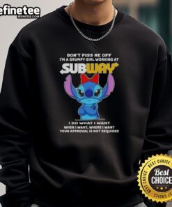 Grumpy girl wearing 'Don't Piss Me Off' sweatshirt at Subway, showcasing a playful attitude and unique style.