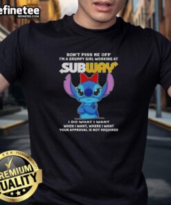 Grumpy girl working at Subway t-shirt with 'Don't Piss Me Off' design, perfect for proud sandwich artists.