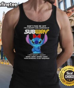 Grumpy girl in a tank top with 'Don't Piss Me Off' graphic, working at Subway, showcasing her unique style and attitude.